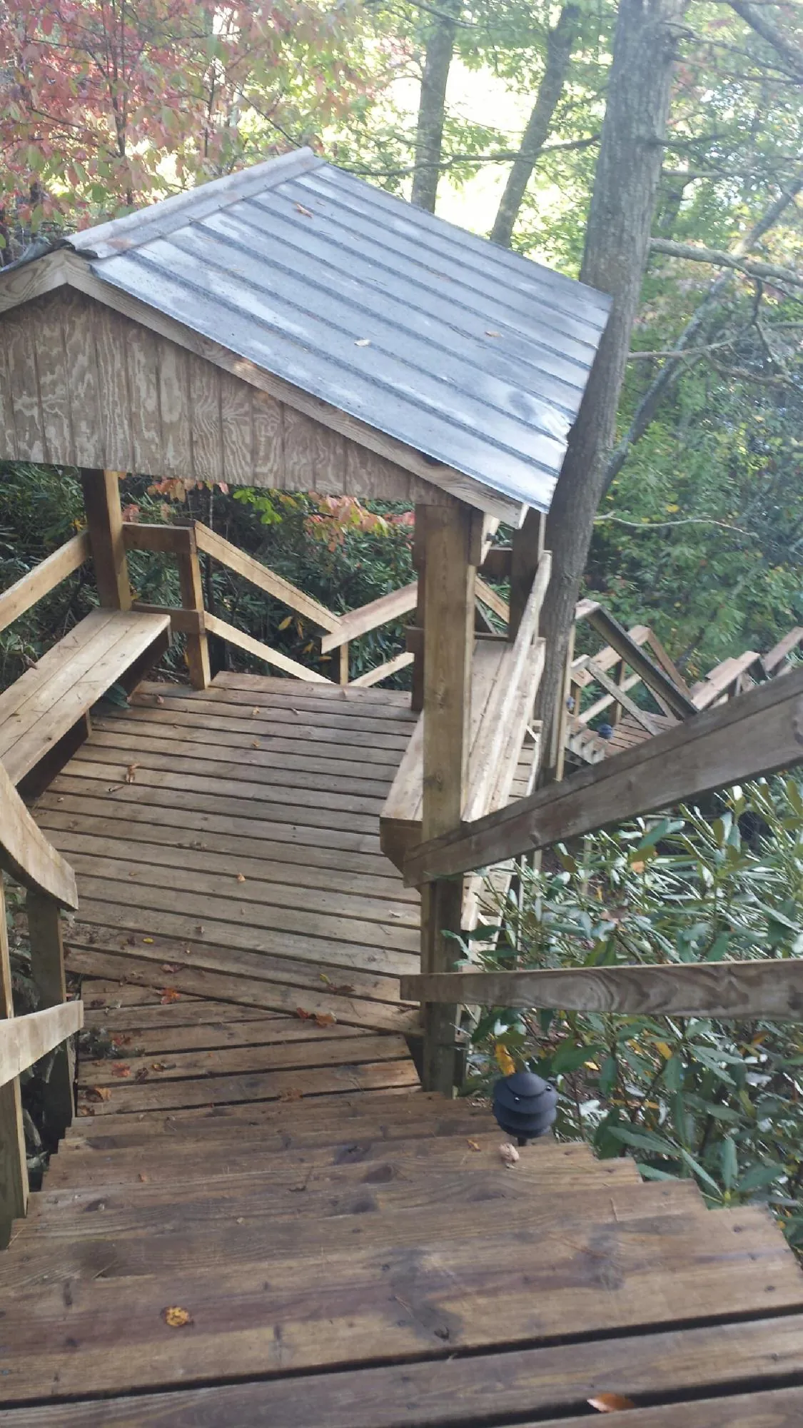 Metal roofed shelter over wooden steps on a wooded walkway — Skylight Repair & Installation work by our crew in Leitchfield